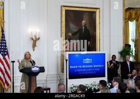 Washington, États-Unis. 08 août 2023. La première dame des États-Unis Jill Biden participe au Sommet sur la cybersécurité pour les écoles K-12 dans la salle est à la Maison Blanche à Washington le 8 août 2023. Photo de Yuri Gripas/ABACAPRESS.COM crédit : Abaca Press/Alamy Live News Banque D'Images