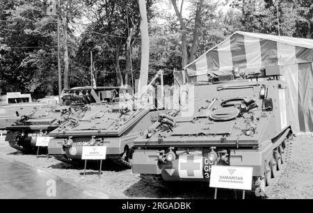 Alvis FV102 Striker, FV104 Samaritan et FV106 Samson, à l'exposition British Army Equipment, qui s'est tenue à Aldershot du 23-27 juin 1980. Banque D'Images