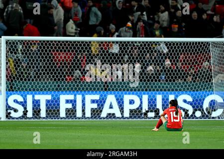 Adélaïde, Australie. 8 août 2023. Sakina Ouzraoui, du Maroc, réagit après le match du tour de 16 entre la France et le Maroc à la coupe du monde féminine de la FIFA 2023 à Adélaïde, Australie, le 8 août 2023. Crédit : Li Yibo/Xinhua/Alamy Live News Banque D'Images