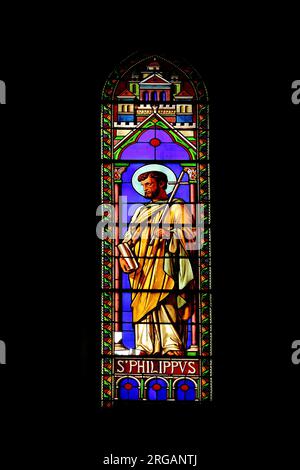 Vitrail représentant l'apôtre Philippe dans l'église abbatiale Saint-Dame-du-bon-remède du complexe abbatial Saint-Michel-de-Frigolet, Alpilles Banque D'Images