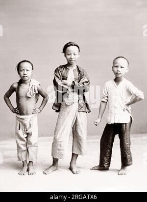 Portrait de trois garçons chinois dans un studio, de la Chine, c.1900 Banque D'Images