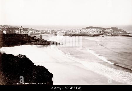 Photographie vintage du XIXe siècle : plage et mer à Saint-Ives, Cornouailles, Angleterre. Banque D'Images