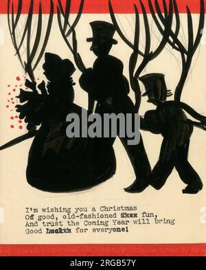 Original Artwork - conception pour une carte de voeux de Noël - silhouette d'une famille victorienne marchant à travers un champ enneigé avec des cadeaux le jour de Noël. Banque D'Images