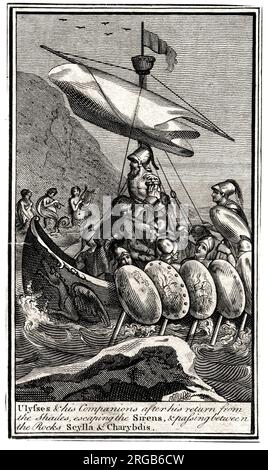 Ulysses et ses compagnons s'enfuient des Sirens, passant entre Scylla et Charybdis. Banque D'Images