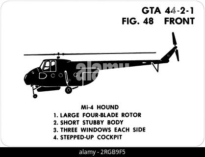 MIL mi-4 (nom de code OTAN : Hound). Il s'agit de l'une des séries de Graphics Training AIDS (GTA) utilisées par l'armée des États-Unis pour former leur personnel à reconnaître les avions amicaux et hostiles. Cet ensemble, GTA 44-2-1, a été publié en July1977. L'appareil est équipé d'appareils provenant du Canada, de l'Italie, du Royaume-Uni, des États-Unis et de l'URSS. Banque D'Images