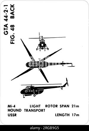 MIL mi-4 (nom de code OTAN : Hound). Il s'agit de l'une des séries de Graphics Training AIDS (GTA) utilisées par l'armée des États-Unis pour former leur personnel à reconnaître les avions amicaux et hostiles. Cet ensemble, GTA 44-2-1, a été publié en July1977. L'appareil est équipé d'appareils provenant du Canada, de l'Italie, du Royaume-Uni, des États-Unis et de l'URSS. Banque D'Images