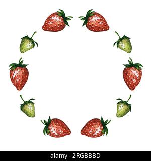 Couronne de fraises, cadre rond avec des baies rouges et vertes, illustration aquarelle dessinée à la main. Modèle pour logo, bannière, carte de voeux, invitation. Banque D'Images