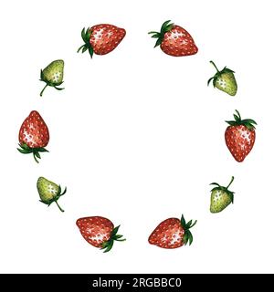 Couronne de fraises, cadre rond avec des baies rouges et vertes, illustration aquarelle dessinée à la main. Modèle pour logo, bannière, carte de voeux, invitation. Banque D'Images