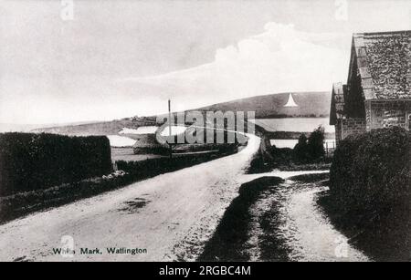 La marque blanche de Watlington, Oxfordshire. La cicatrice de craie a été creusée dans Watlington Hill en 1764 pour donner l'illusion que l'église de la ville avait une flèche. Edward Horne, écuyer local, a conçu la forme de 82m de sorte qu'elle est apparue au-dessus de l'église paroissiale de St Léonard lorsqu'elle est vue de sa maison. Banque D'Images