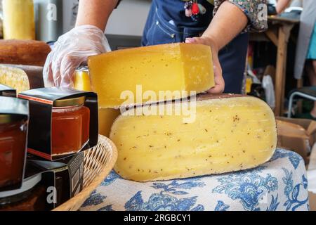 Fromages fermiers russes du fabricant. Assortiment de fromage savoureux sur le comptoir. Banque D'Images