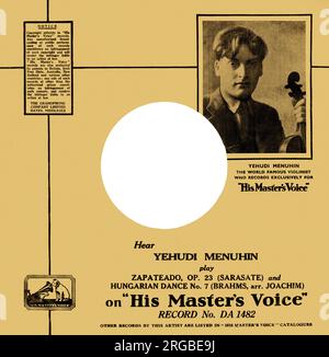 78rpm pochette publicitaire Yehudi Menuhin, violoniste, sur HMV, sa voix de maître, jouant de la musique de Sarasate et Brahms. Banque D'Images