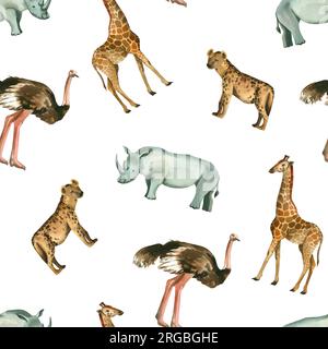 Motif sans couture. Animaux d'Afrique : girafe, rhinocéros, hyène tachetée, autruche, singes peints à l'aquarelle à la main. Convient pour l'impression sur tissu Banque D'Images