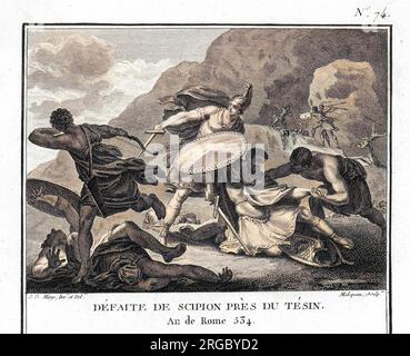 DEUXIÈME GUERRE PUNIQUE : Hannibal et ses forces carthaginiennes battit les forces romaines sous Publius Cornelius Scipio à la bataille de Ticinus, près du Ticino, un affluent du Pô. Banque D'Images