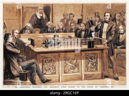 William Gladstone attaque le premier discours de Benjamin Disraeli sur le budget, à la Chambre des communes, qui avait duré cinq heures... Banque D'Images