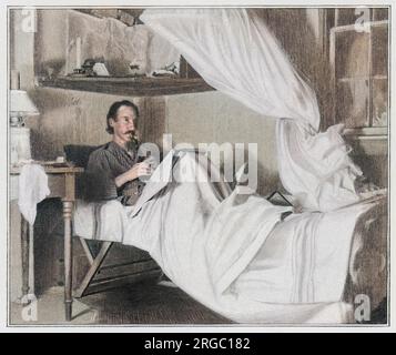 ROBERT LOUIS STEVENSON (1850 - 1894), écrivain et poète écossais jouant le flageolet au lit à Vailima Banque D'Images