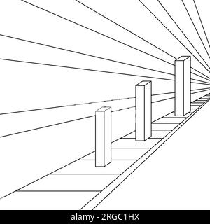 Influence de la perspective sur les colonnes, illusion d'optique géométrique Ponzo. Trois colonnes de même taille devant la perspective semblent changer de taille. Banque D'Images