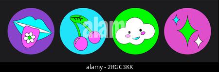 Ensemble de 70s autocollants pour le cercle hippie groovy. Dessin animé drôle couleurs fluo vives - fleur, amour, arc-en-ciel, paix, coeur, marguerite, champignon, œil. Pack psychédélique Illustration de Vecteur