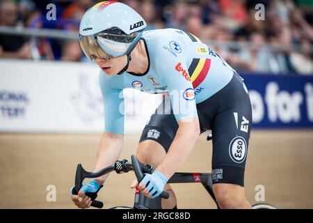 Glasgow, Royaume-Uni. 08 août 2023. La Belge Lotte Kopecky photographiée en action lors de la Women's Elite points Race aux Championnats du monde de cyclisme UCI, à Glasgow, en Écosse, le mardi 08 août 2023. UCI organise les mondes avec toutes les disciplines cyclistes, cyclisme sur route, cyclisme en salle, VTT, course BMX, paracyclisme sur route et paracyclisme intérieur, à Glasgow du 03 au 13 août. BELGA PHOTO DAVID PINTENS crédit : Belga News Agency/Alamy Live News Banque D'Images