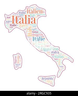 Italie forme remplie de nom de pays dans de nombreuses langues. Carte de l'Italie dans le style nuage de mots. Charmante illustration vectorielle. Illustration de Vecteur