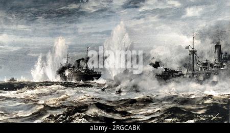 Le croiseur marchand armé de la Royal Navy 'Jervis Bay' (au centre) se dirige vers le cuirassé allemand de poche 'Admiral Scheer', Atlantique Nord, novembre 1940. La 'Jervis Bay' était le seul navire d'escorte pour le convoi HX84 lorsque le cuirassé allemand est apparu, et a mené une bataille désespérément inégale pour essayer de gagner du temps pour que le convoi s'enfuit. Banque D'Images