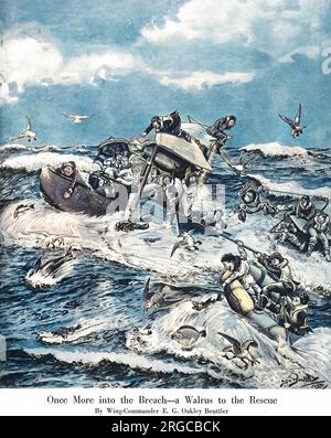 Illustration humoristique par EXEMPLE Oakley-Beuttler représentant le sauvetage air-mer par un biplan amphibie Shagbat (connu sous le nom de Walrus) au-dessus de la mer du Nord pendant la deuxième Guerre mondiale. En localisant huit hommes à la dérive dans un dingy, l'avion est descendu sur la mer, et les a tous pris à bord. Trop lourd pour décoller en mer agitée, le pilote a pris un taxi pendant plus de soixante miles jusqu'au port. Banque D'Images