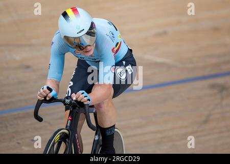 Glasgow, Royaume-Uni. 08 août 2023. La Belge Lotte Kopecky photographiée en action lors de la Women's Elite points Race aux Championnats du monde de cyclisme UCI, à Glasgow, en Écosse, le mardi 08 août 2023. UCI organise les mondes avec toutes les disciplines cyclistes, cyclisme sur route, cyclisme en salle, VTT, course BMX, paracyclisme sur route et paracyclisme intérieur, à Glasgow du 03 au 13 août. BELGA PHOTO DAVID PINTENS crédit : Belga News Agency/Alamy Live News Banque D'Images