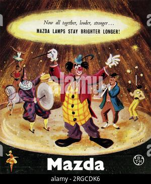 Publicité, ampoules et lampes Mazda, avec clowns de cirque Banque D'Images