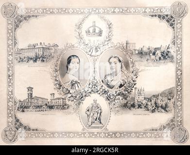 Jubilé d'or de la reine Victoria - Palais de Kensington, château de Windsor, maison Osborne, château Balmoral, deux portraits et une statue du Prince Albert Banque D'Images