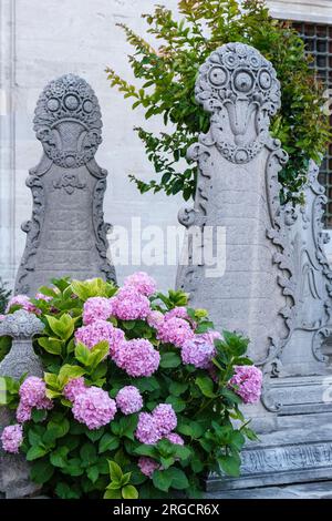 Istanbul, Turquie, Turkiye. Pierres tombales dans le cimetière adjacent à la Mosquée de Suleyman la magnifique Mosquée de Suleymaniye. Banque D'Images