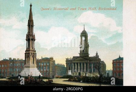 Le monument de la Reine Victoria et l'hôtel de ville de Birkenhead, Metropolitan Borough of Wirral, Merseyside, Angleterre Banque D'Images