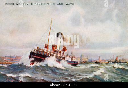 Un ferry traversant les eaux agitées de la rivière Mersey ' à travers le vent et la vague '. Liverpool, Merseyside, Lancashire. Banque D'Images