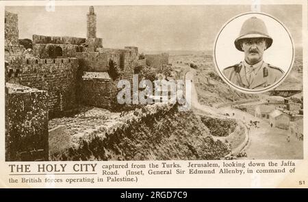 Jérusalem regardant sur la route de Jaffa, avec encart de Sir Edmund Allenby, commandant des forces britanniques en Palestine 1917 Banque D'Images