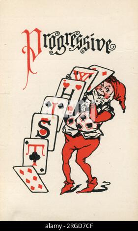Carte de score de cartes à jouer au whist progressif, Pixie ou Elf tenant des cartes à jouer en cascade Banque D'Images