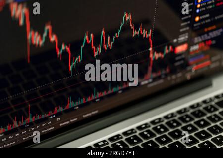 Graphique de trading affiché sur l'écran de l'ordinateur portable. Marché boursier, ligne de tendance sous forme de chandelier. Photo de haute qualité. Banque D'Images