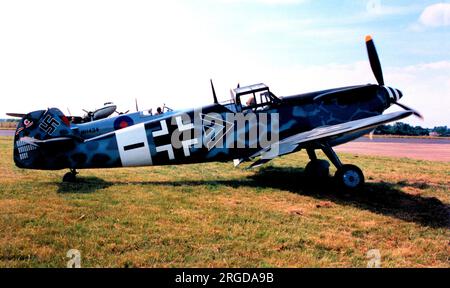 Hispano HA.1112-M1L Buchon G-BOML (msn 151), à la RAF Wattisham le 24 juin 1989. Banque D'Images