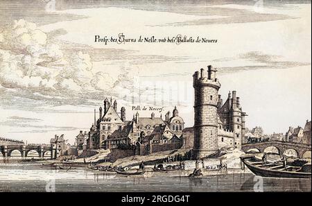 17e siècle perspective de la Seine comme elle passe les Tours de Nesles et le palais de Nevers, sur l'Ile de la Cité. Notre-Dame est juste au-delà. Banque D'Images