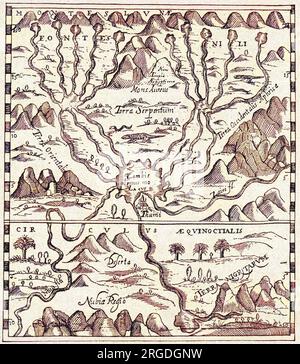 Carte couvrant la région du delta du Nil aux montagnes de la Lune. La Zambie et le fleuve Zaïre sont marqués. Banque D'Images