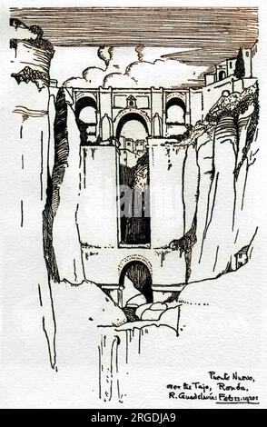Le Puente Nuevo (Nouveau pont) enjambant le profond gouffre de la rivière Guadalev¦n à Ronda, dans le sud de l'Espagne. Dessin de Mlle C. M. Griffiths. Banque D'Images