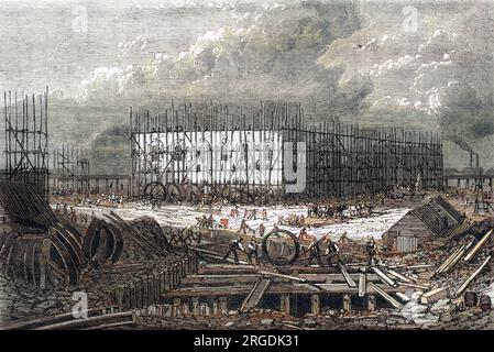 Construction de la station de pompage d'Abbey Mills à Londres, 1867. Cette station a été construite pour pomper de l'eau douce vers la ville. Banque D'Images