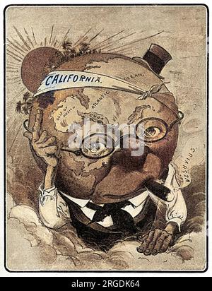 Caricature montrant un personnage américain à tête de globe qui soigne sa tête bandée ; un regard humoristique sur les effets du tremblement de terre de San Francisco sur l'économie américaine. Publié à l'origine dans 'Judge', le journal américain bien connu. Le tremblement de terre s'est produit le 18 avril 1906 à San Francisco, Californie, États-Unis, qui se trouve de l'autre côté de la faille de San Andreas. Mesurant 7,9 sur l'échelle de richter, le tremblement de terre et les incendies subséquents ont causé la perte de 3000 vies et plus de 300 000 maisons. Banque D'Images