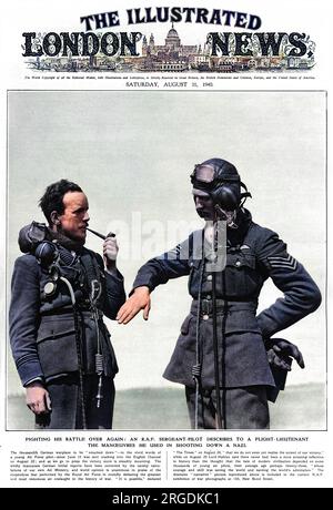Un sergent-pilote de la R.A.F décrit à un Flight Lieutenant les manœuvres qu'il a utilisées pour abattre un avion nazi. Banque D'Images