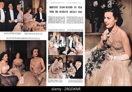 Un spread de The Tatler reportage sur le bal somptueux tenu à Claridge par la duchesse d'Argyll pour sa fille, Mlle Frances Sweeny. La duchesse, qui était auparavant Miss Margaret Whigham était Deb de l'année en 1930. Comme Miss Whigham et Mme Charles Sweeny, elle était un visage régulier dans le Tatler et d'autres magazines de la société, et, selon le Tatler, Frances était « un débutante exceptionnel... comme l'était sa mère... et avec ses amis dansaient jusqu'après la pause du jour ». Les Frances sont visibles sur le côté droit. Dans le coin inférieur gauche se trouve la duchesse d'Argyll avec Mme William Zeitz et Mme Jonat Banque D'Images