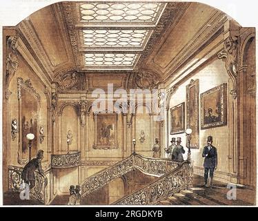 L'intérieur de l'Army and Navy Club, Pall Mall, Londres, montrant l'escalier. Le club a été fondé en 1837 lorsque de nombreux officiers de l'armée sont revenus d'Inde et, trouvant la liste d'attente pour le Junior United Service Club si longtemps, ont décidé de former un club de l'armée. Le duc de Wellington a refusé d'être patron à moins que la marine ne soit également incluse, d'où il est devenu l'Army and Navy Club. Banque D'Images