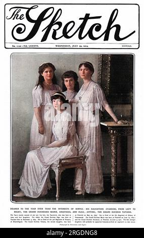 Les filles du tsar Nicolas II : (debout de gauche à droite), les grandes duchesses Marie, Anastasia et Olga ; (assise), la grande duchesse Tatiana. Banque D'Images