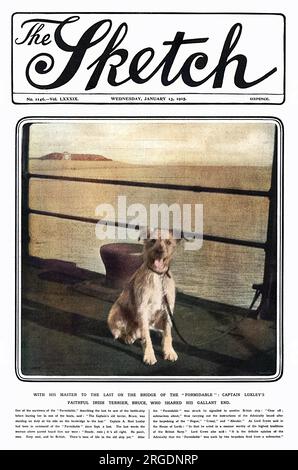 Couverture du magazine The Sketch présentant un portrait de Bruce, le fidèle terrier irlandais appartenant au capitaine Noel Loxley du HMS formidable, qui est resté courageusement avec son maître jusqu'au dernier sur le pont alors que le navire de combat coulait après avoir été frappé par des torpilles. Banque D'Images