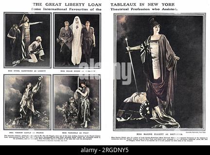 The Great Liberty Loan tableaux, mis en scène à New York, met en vedette un certain nombre d'actrices bien connues, dont Ethel Barrymore dans Liberty, Billie Burke dans Humanity et Irene Castle dans France, ainsi que Maxine Elliott dans Britannia. Les tableaux ont été arrangés par l’artiste américain Ben Ali Haggin. Banque D'Images