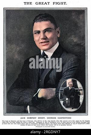 William Harrison 'Jack' Dempsey ('le Mauler de Manassa') (24 juin 1895 – 31 mai 1983), boxeur professionnel américain et icône culturelle du 1920s. Il a tenu le Championnat du monde de poids lourd de 1919 à 1926. Le style agressif de Dempsey et sa puissance de frappe exceptionnelle en ont fait l'un des boxeurs les plus populaires de l'histoire. L'image en incrustation montre le boxeur français, qui a défié Dempsey pour le titre en 1921. Le concours Dempsey-Carpentier a eu lieu sur 2 juillet 1921 à Thirty Acres de Boyle, Jersey City, New Jersey, générant la première porte d'entrée de million de dollars dans l'histoire de la boxe. Une foule de 91 000 personnes a regardé la fi Banque D'Images