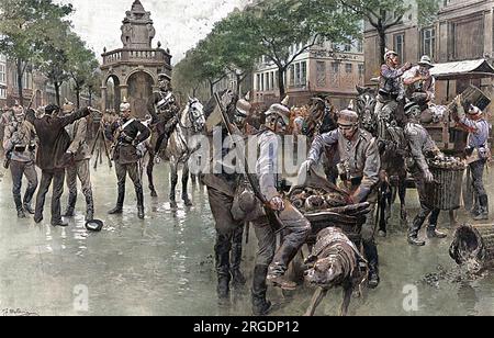 Soldats allemands sur la place du marché, Liège. A gauche, un Belge est fouillé, et à droite, les troupes se servent des produits du marché local. Banque D'Images