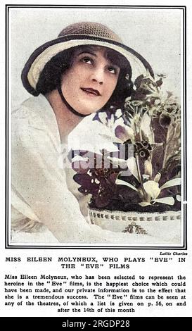 Eileen Molyneux (1893-1962), actrice, photographiée en 1918, alors qu'elle avait été choisie pour jouer dans une série de douze films de comédie muette, intitulée les aventures d'Ève, basée sur le chroniqueur fictif de potins du magazine Tatler. Les films ont été écrits par Annie Fish, qui a illustré Letters of Eve dans le magazine et a suivi un certain nombre de thèmes de guerre, tels que Eve aide la censure et Comment Eve aide le Fonds de guerre. Banque D'Images