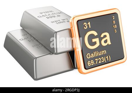 Lingots de gallium avec élément chimique Icon Gallium GA, rendu 3D isolé sur fond blanc Banque D'Images